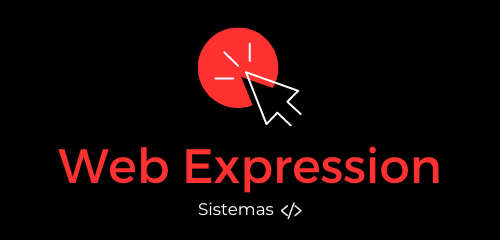 Logo com fundo preto 'Web Expression' em vermelho com a imagem de um cursor em branco clicando em um círculo vermelho e logo abaixo do nome da empresa tem o escrito 'sistemas' juntamente com o sinal de tags no HTML